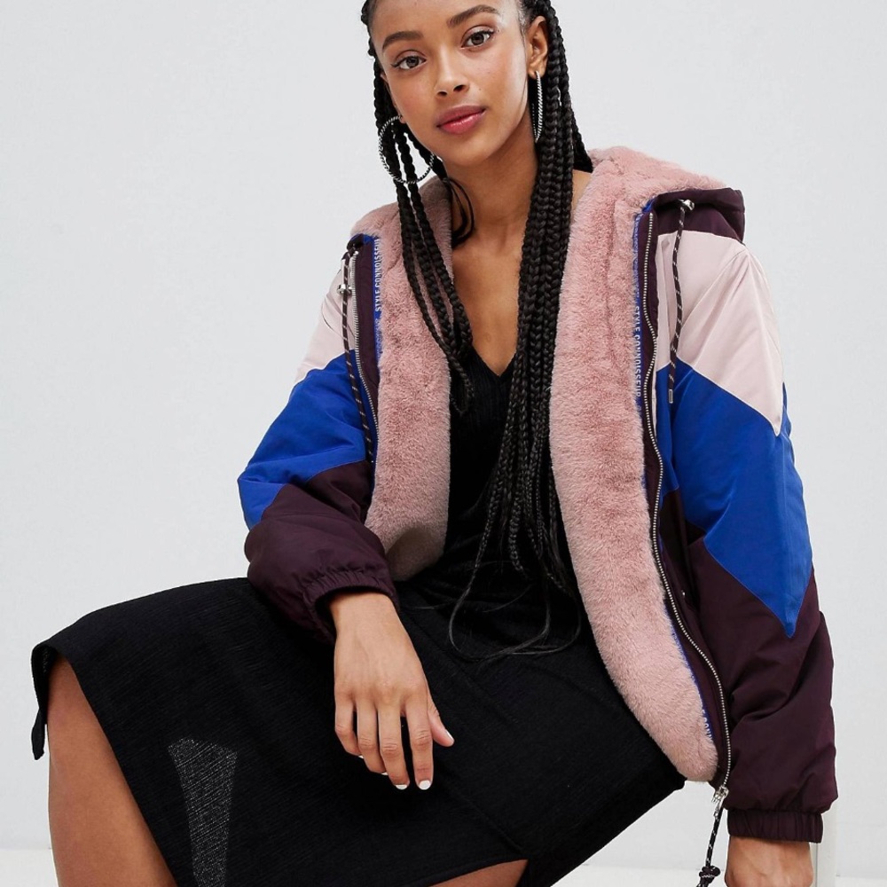 Bershka Chevron Faux Fur Lined Windbreaker Zip Up Hoodie